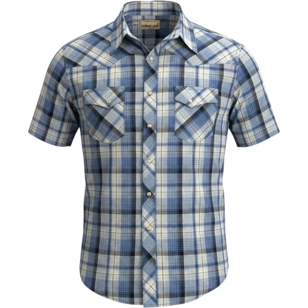 Wrangler Wrancher Mens Blue Plaid Short Sleeve Pearl Snap Western Shirt L
